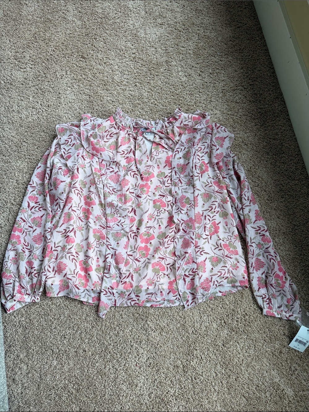 NWT Ophelia Roe Women's Pink Floral Tie-Neck Long Sleeve Blouse Size XL